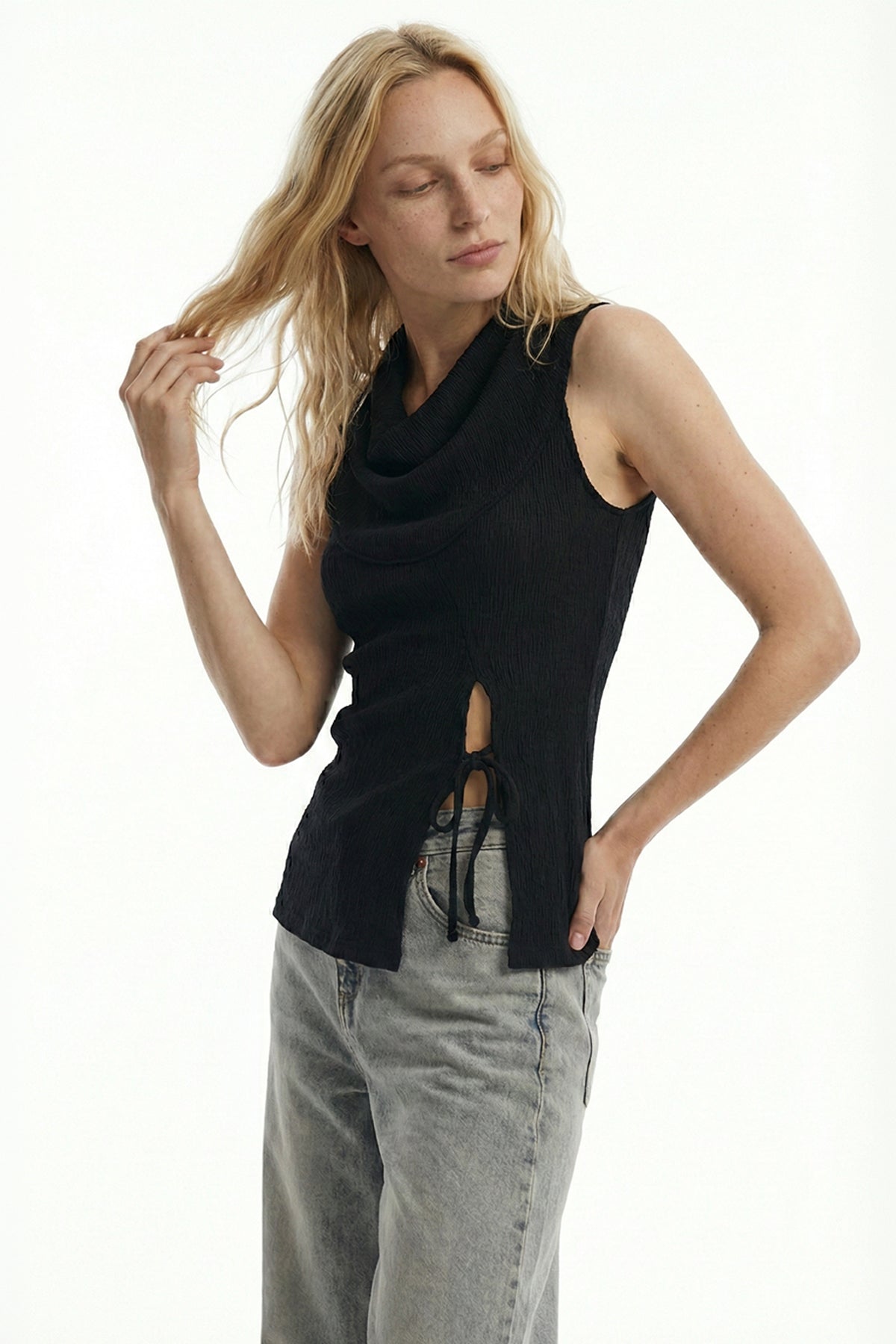 Cowl Neck Textured Blouse with Tie Detail