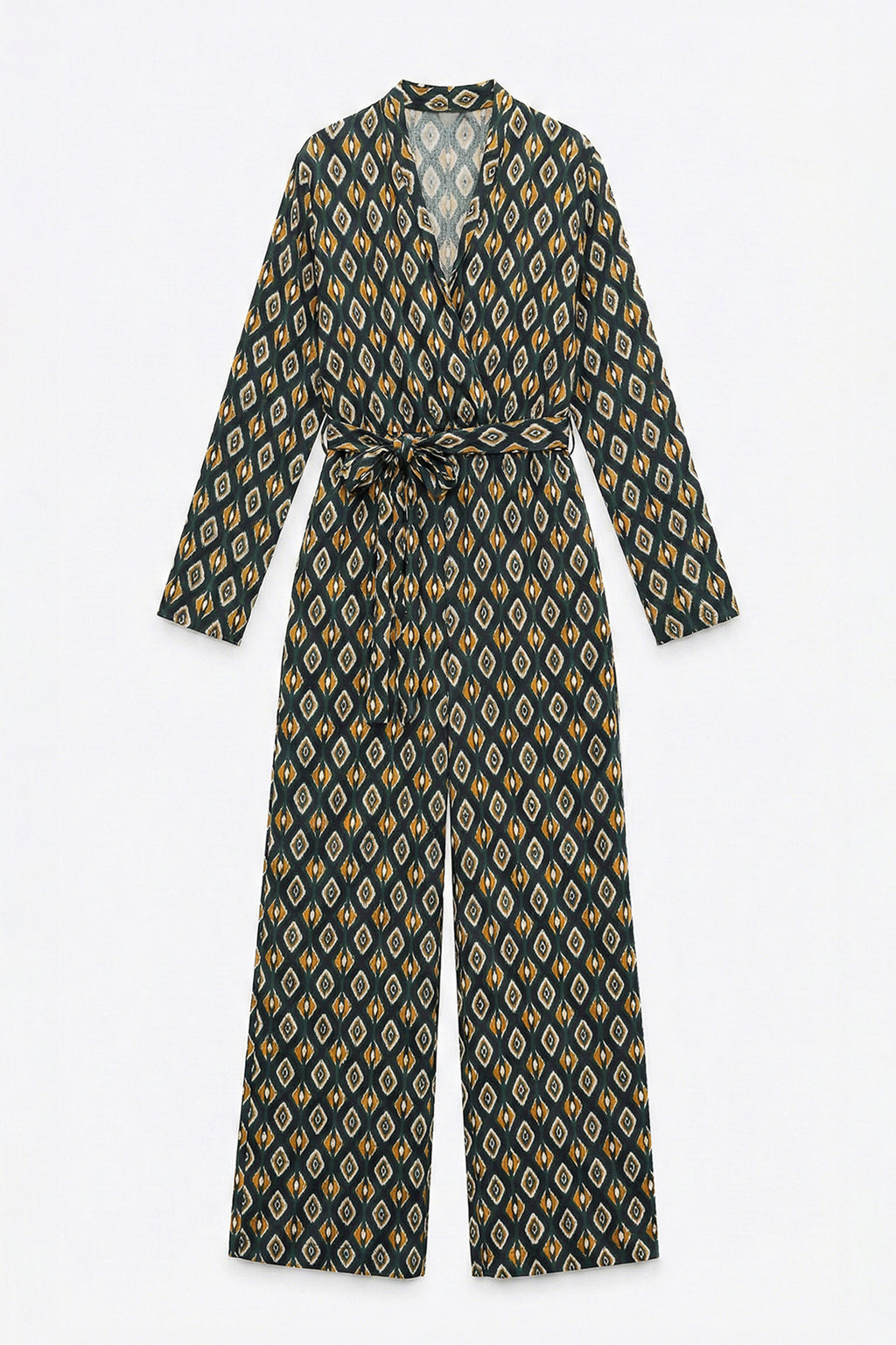 Long Patterned Jumpsuit with Shawl Collar