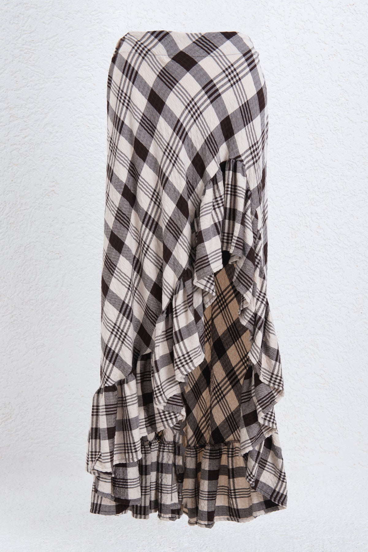 Plaid Asymmetric Ruffled Midi Skirt