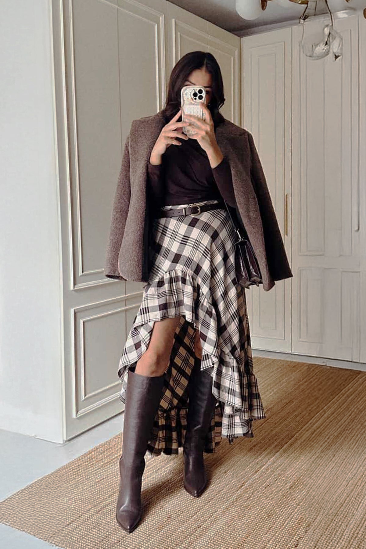 Plaid Asymmetric Ruffled Midi Skirt