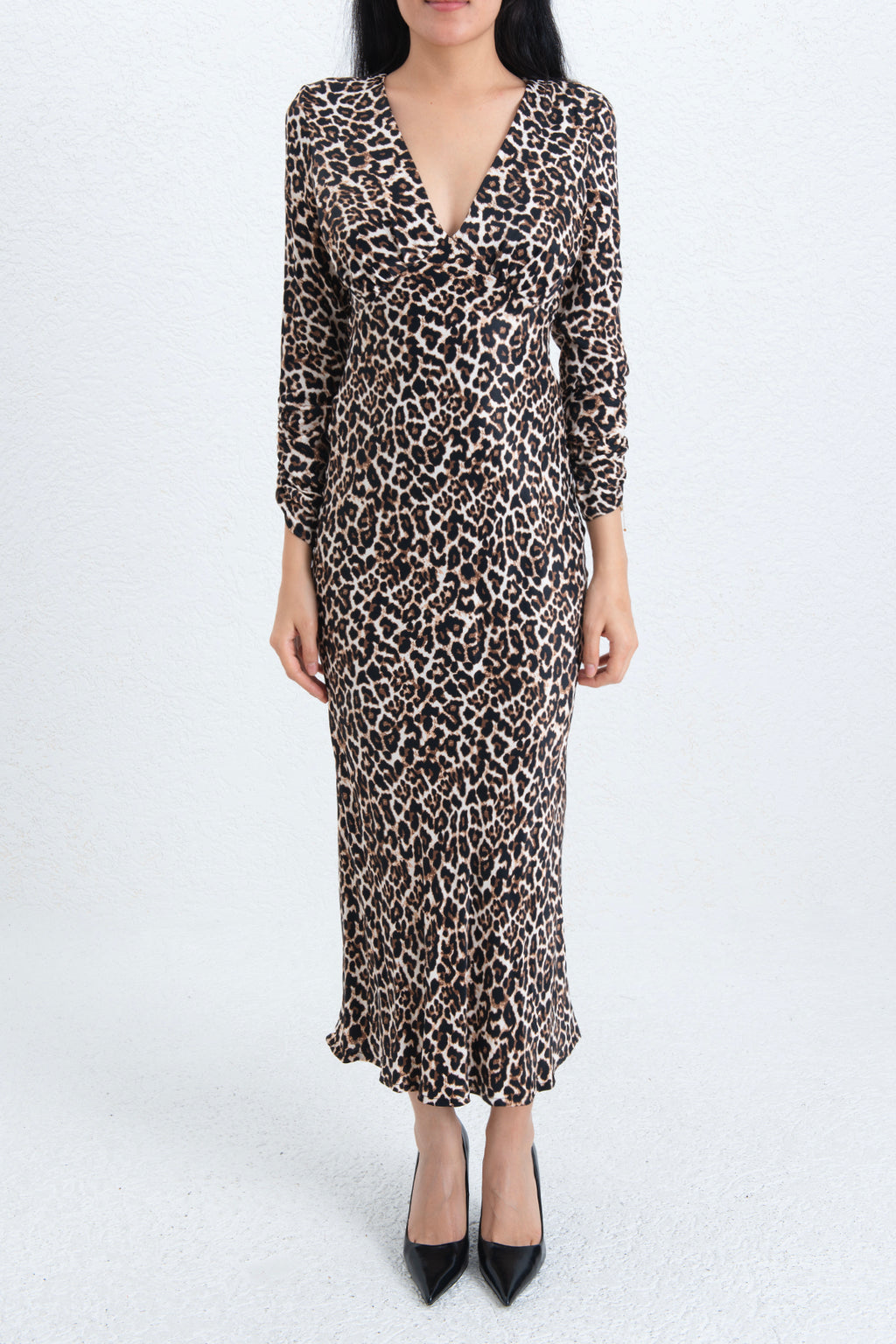 Leopar Saten Midi Elbise