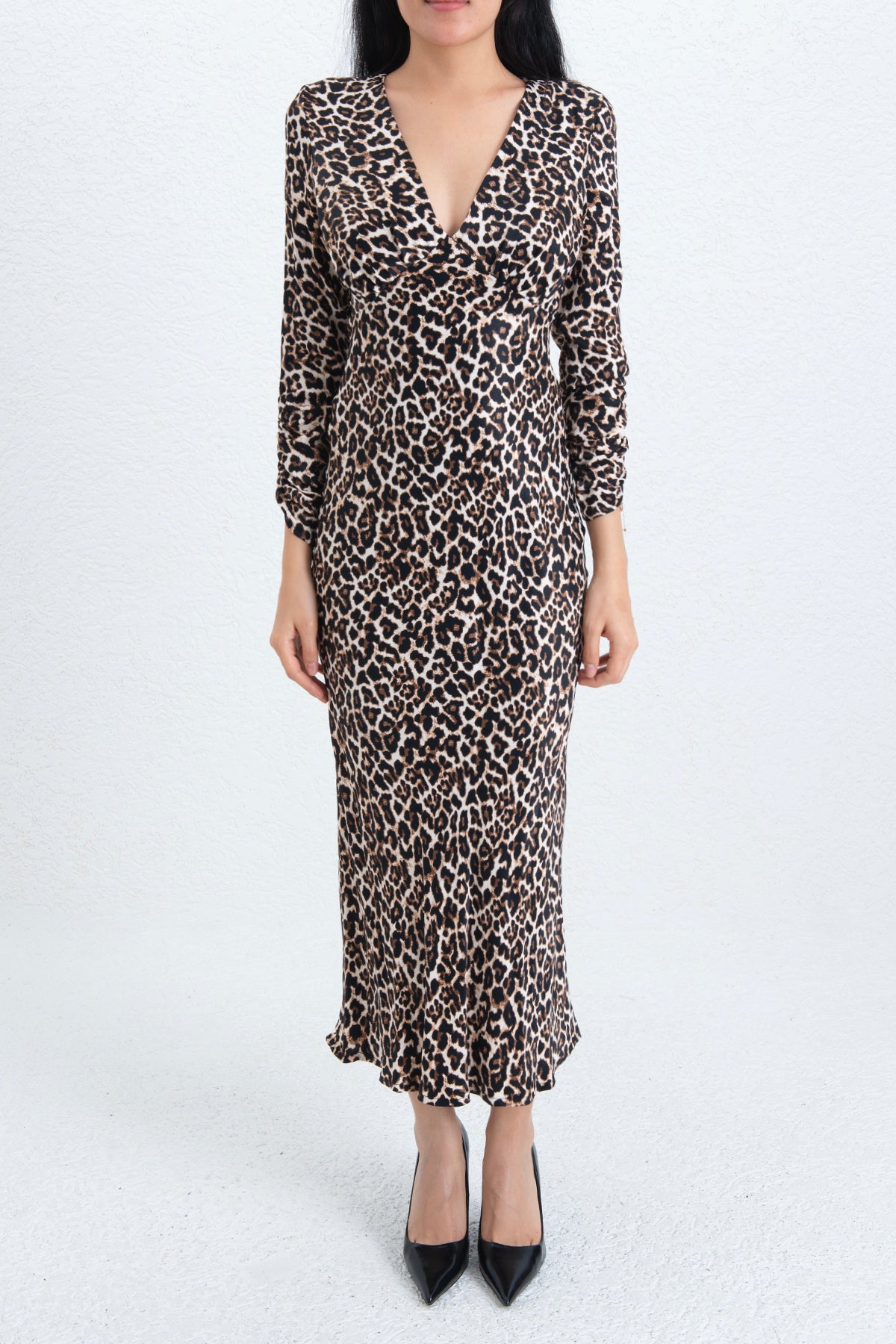 Leopar Saten Midi Elbise