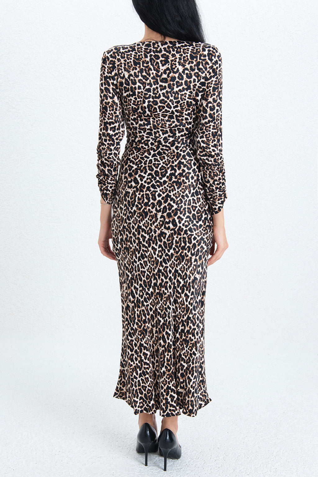 Leopar Saten Midi Elbise