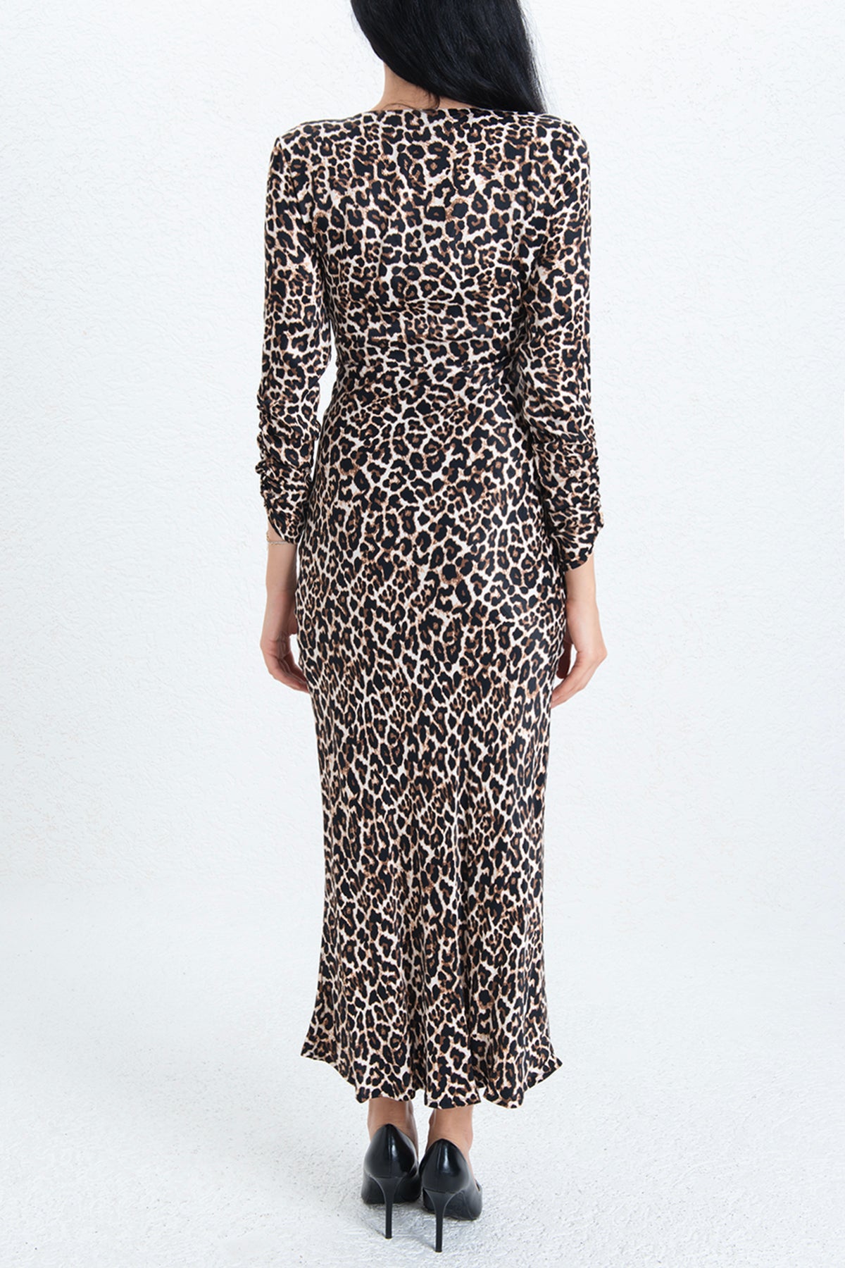 Leopar Saten Midi Elbise