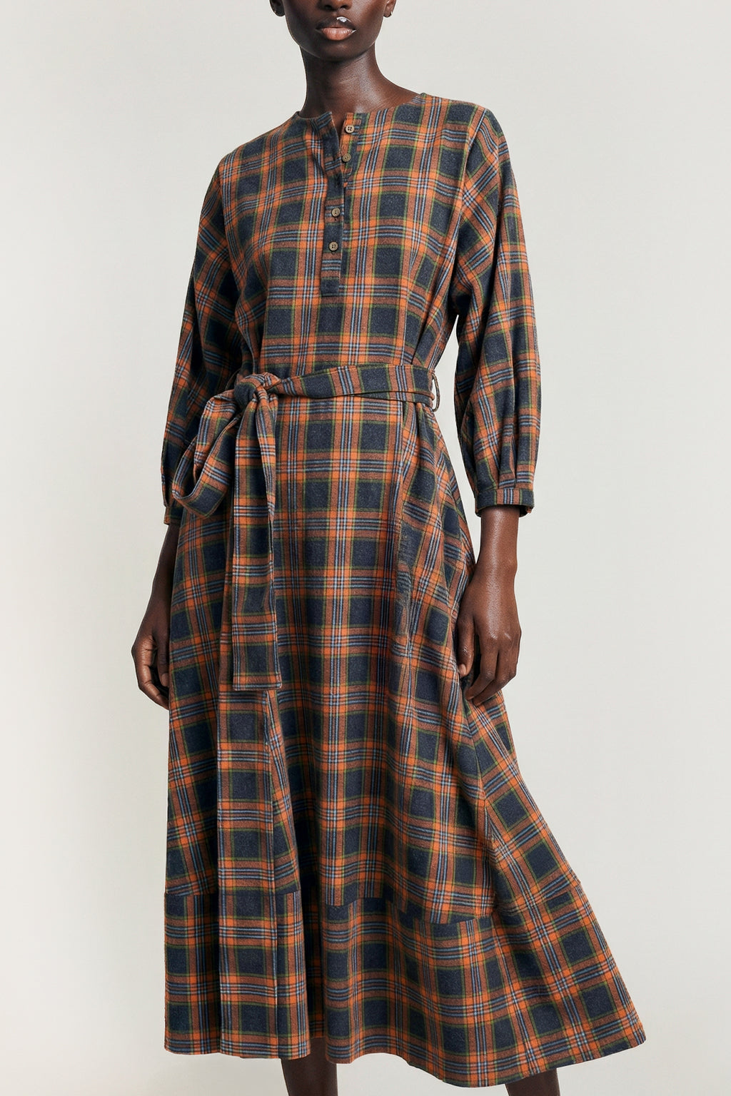 Plaid Collarless Midi Dress