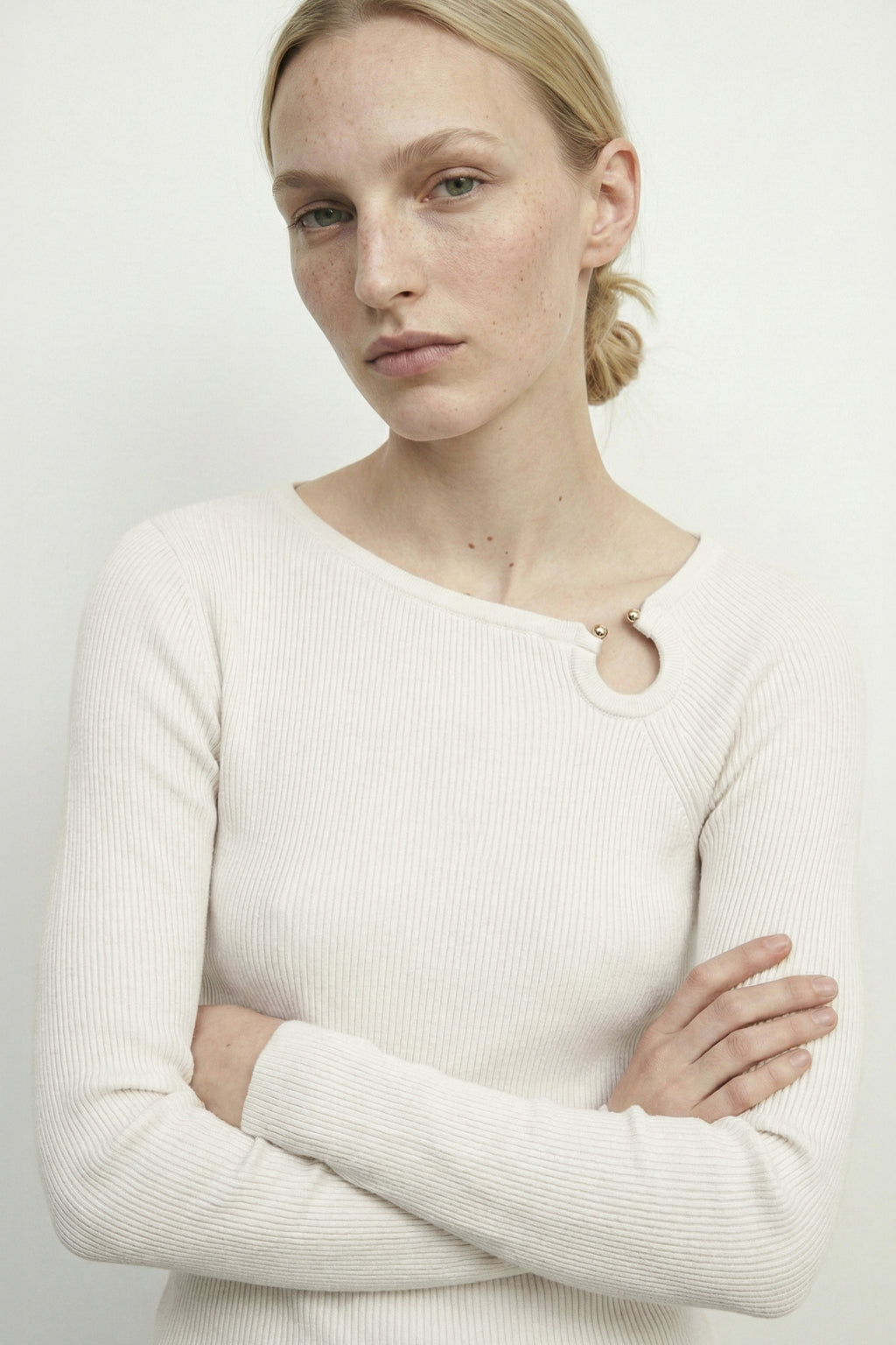 Asymmetric Neck Buckle Knit Top