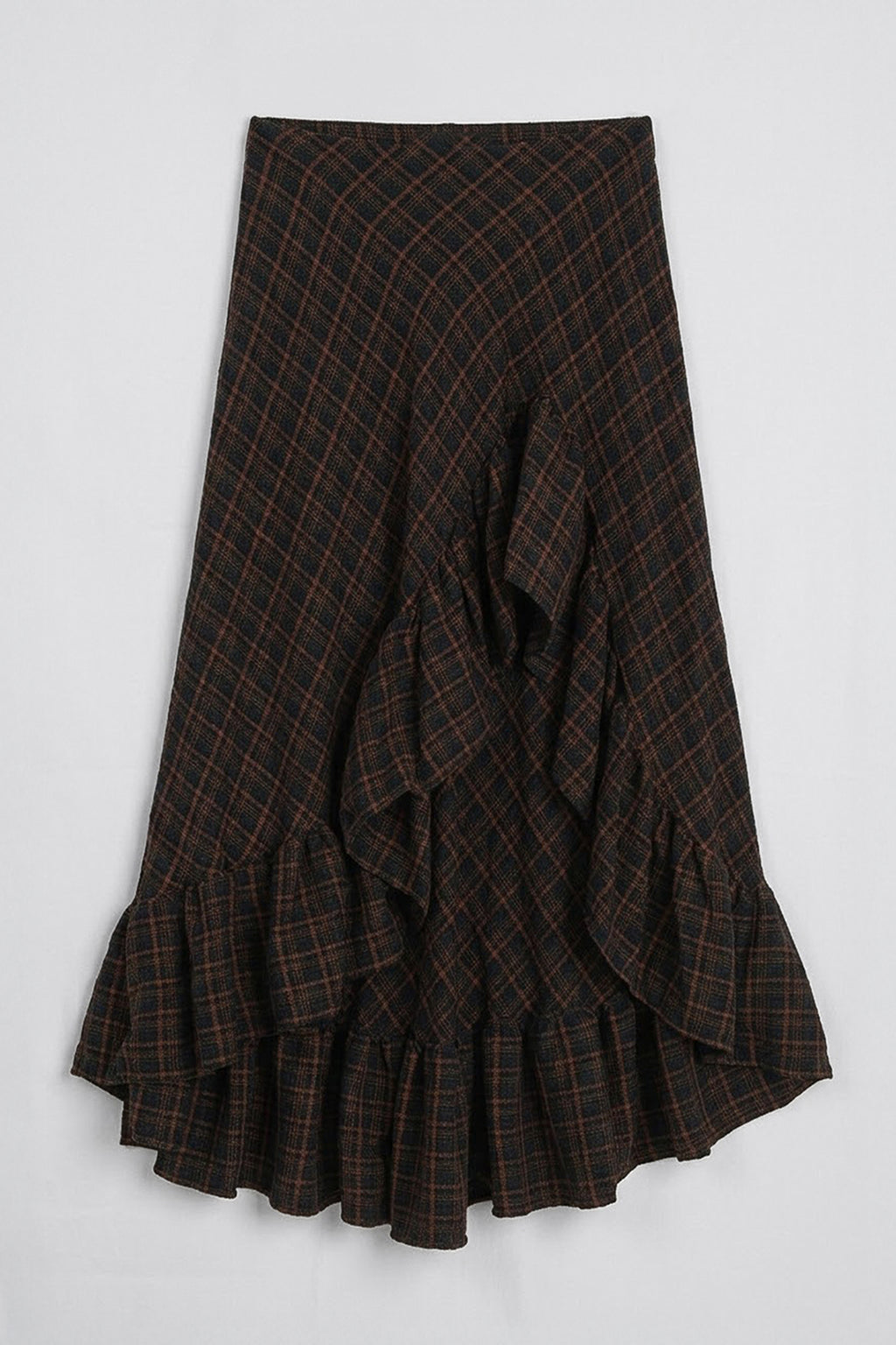 Plaid Asymmetric Ruffled Midi Skirt