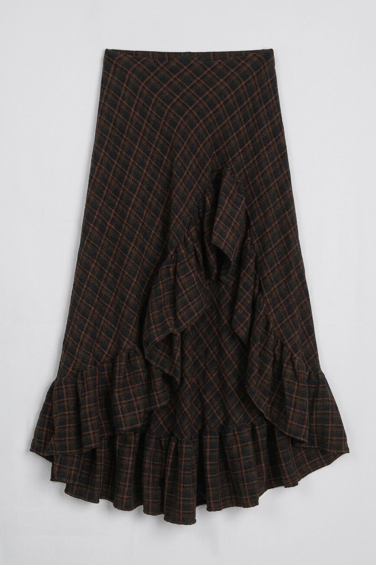 Plaid Asymmetric Ruffled Midi Skirt