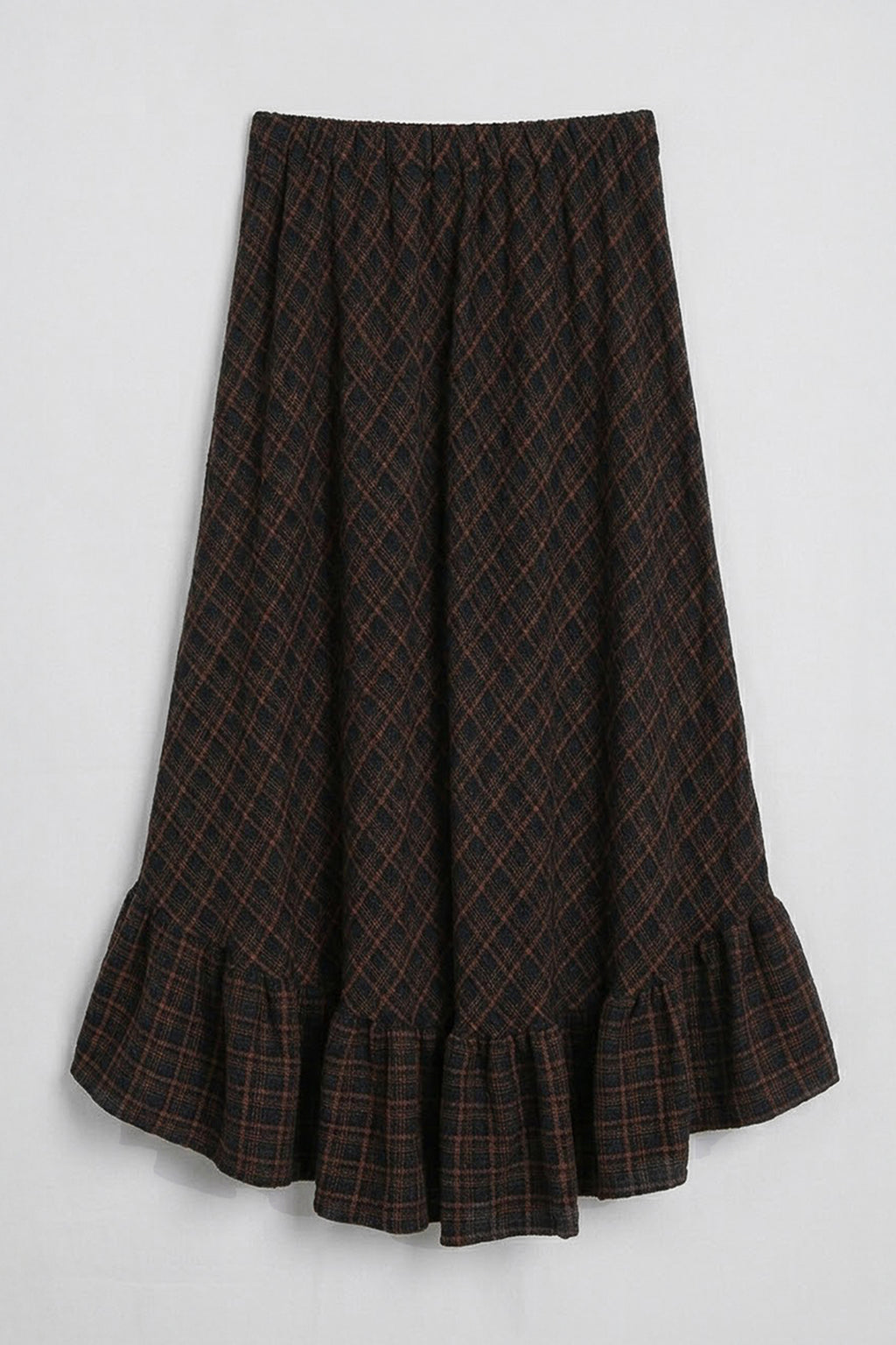 Plaid Asymmetric Ruffled Midi Skirt