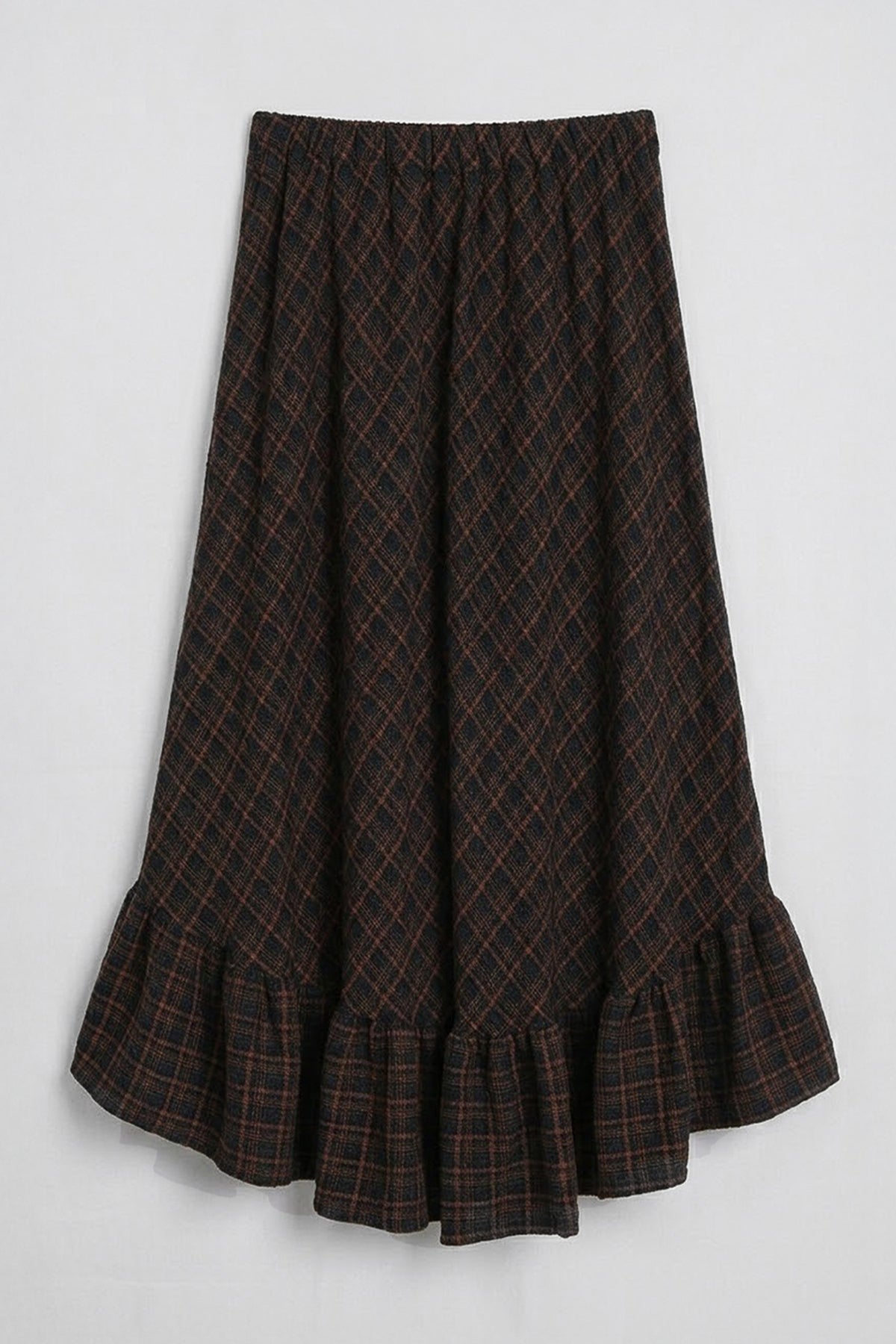 Plaid Asymmetric Ruffled Midi Skirt