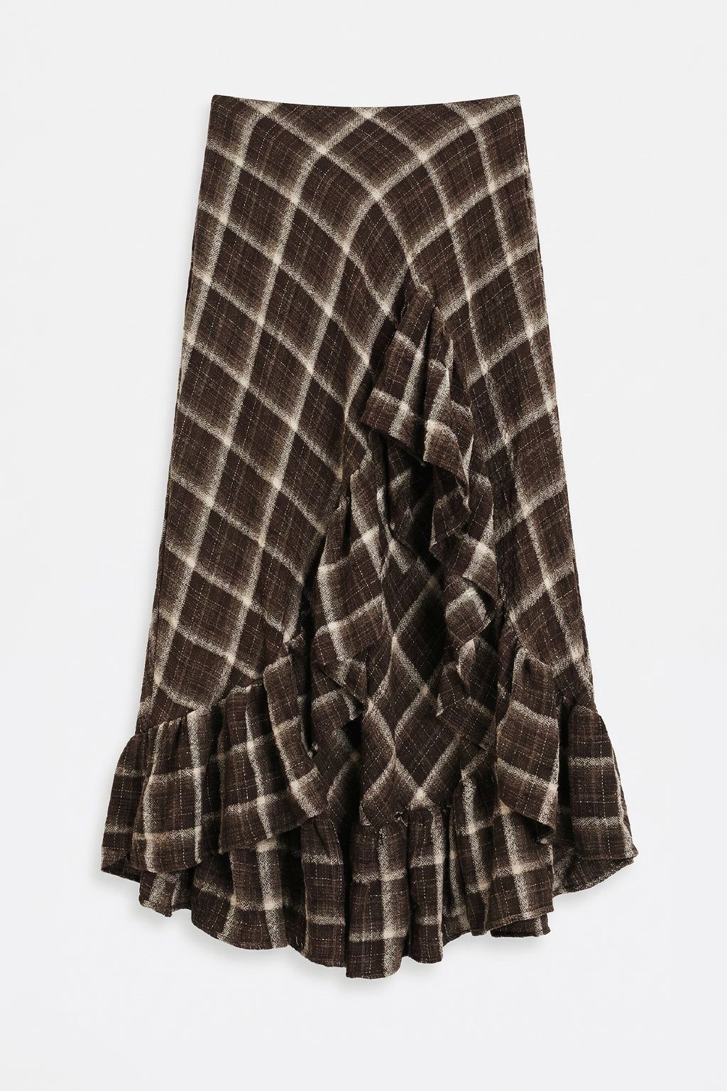 Plaid Asymmetric Ruffled Midi Skirt