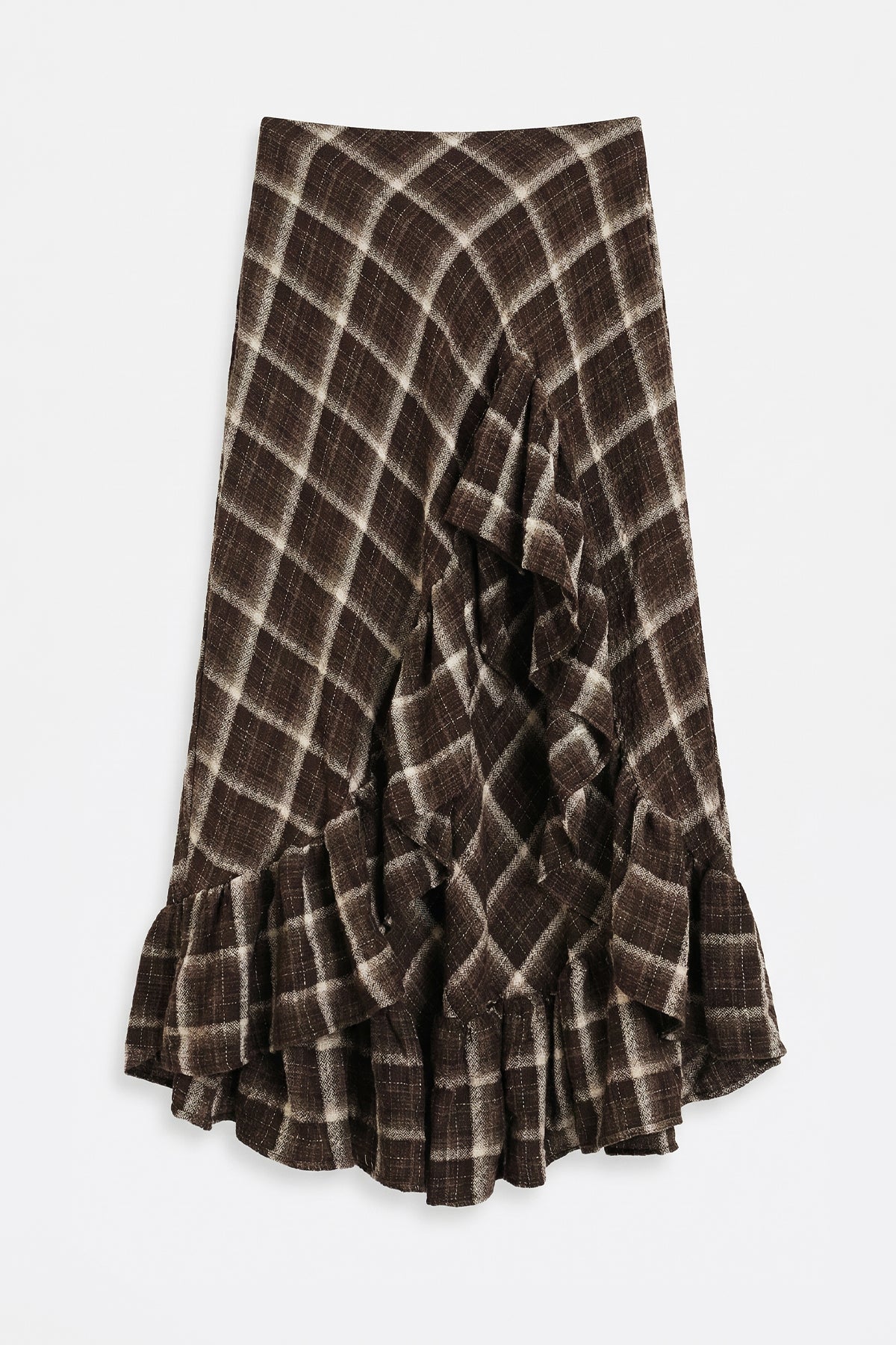 Plaid Asymmetric Ruffled Midi Skirt