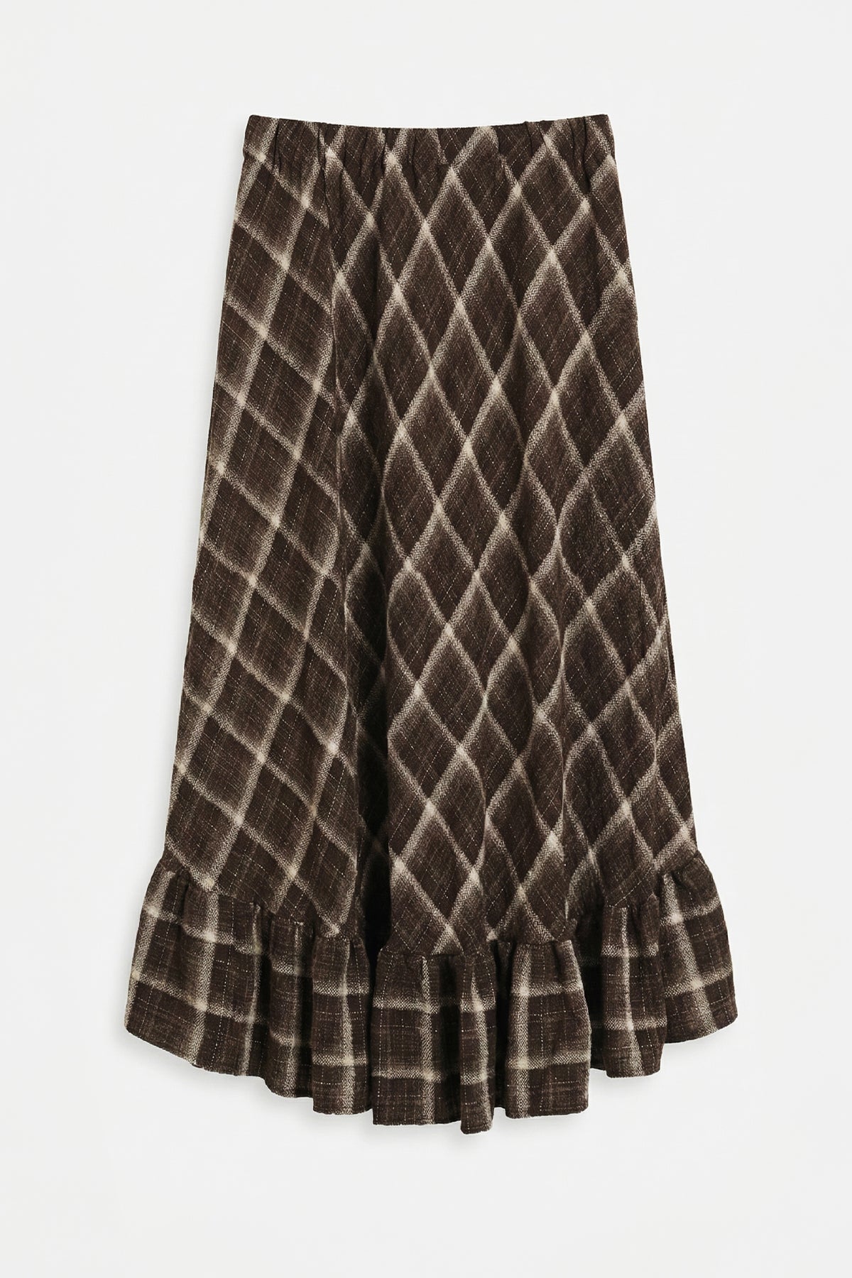 Plaid Asymmetric Ruffled Midi Skirt