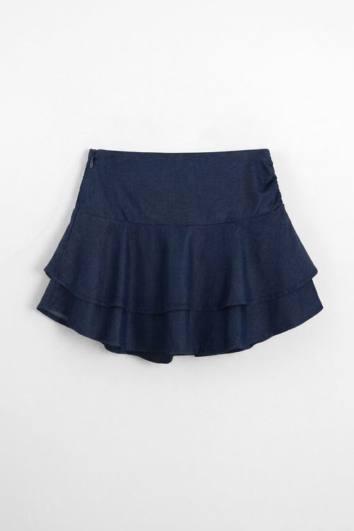 Katlı Mini Denim Şortlu Etek
