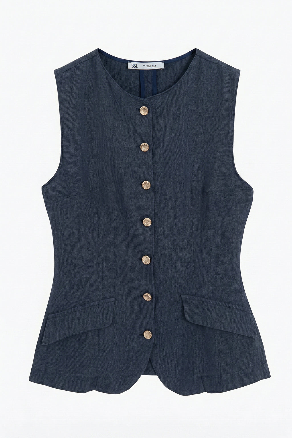 100% Linen Garment-Washed Vest with Metal Buttons