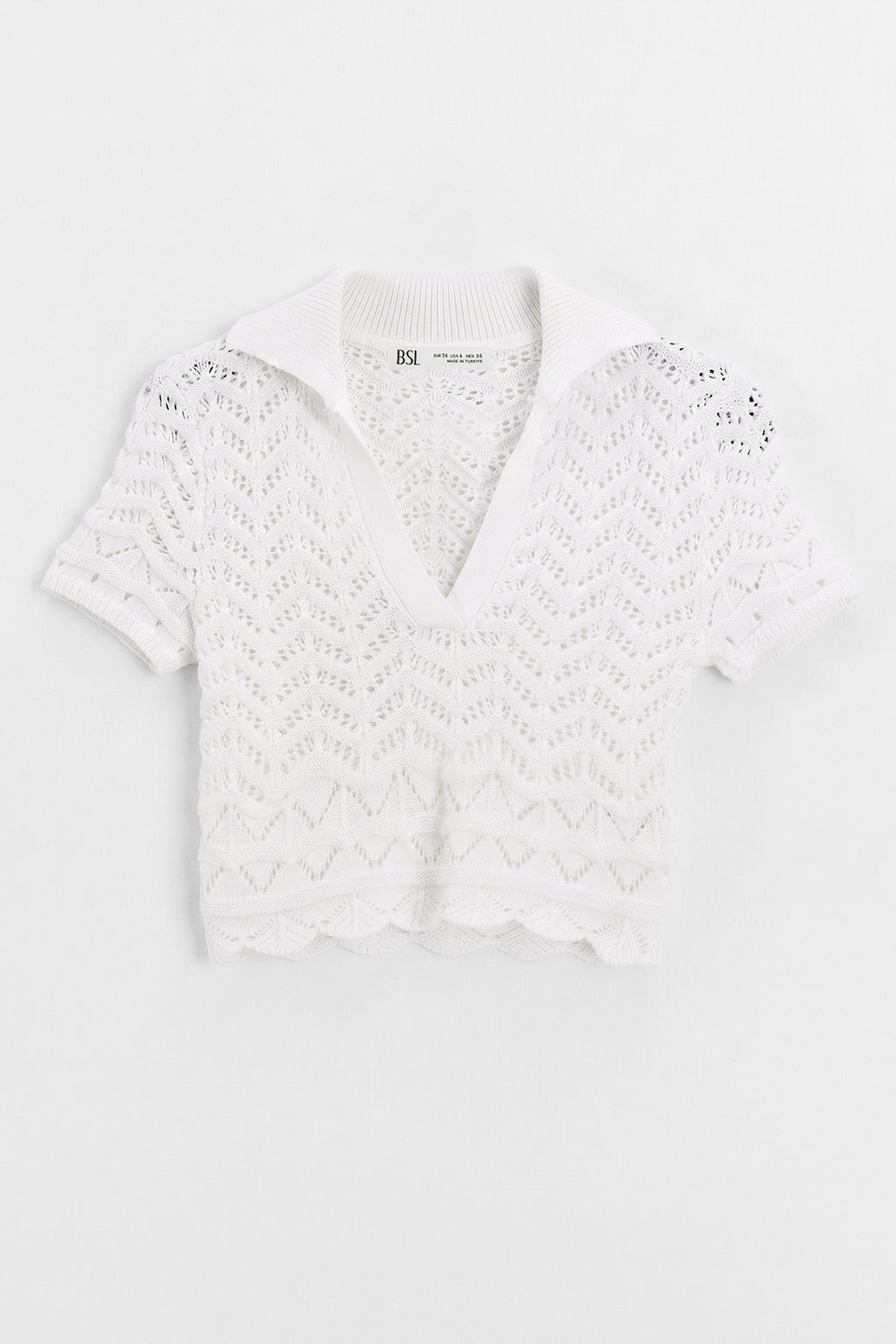 Openwork Knit Polo Collar Crop Blouse
