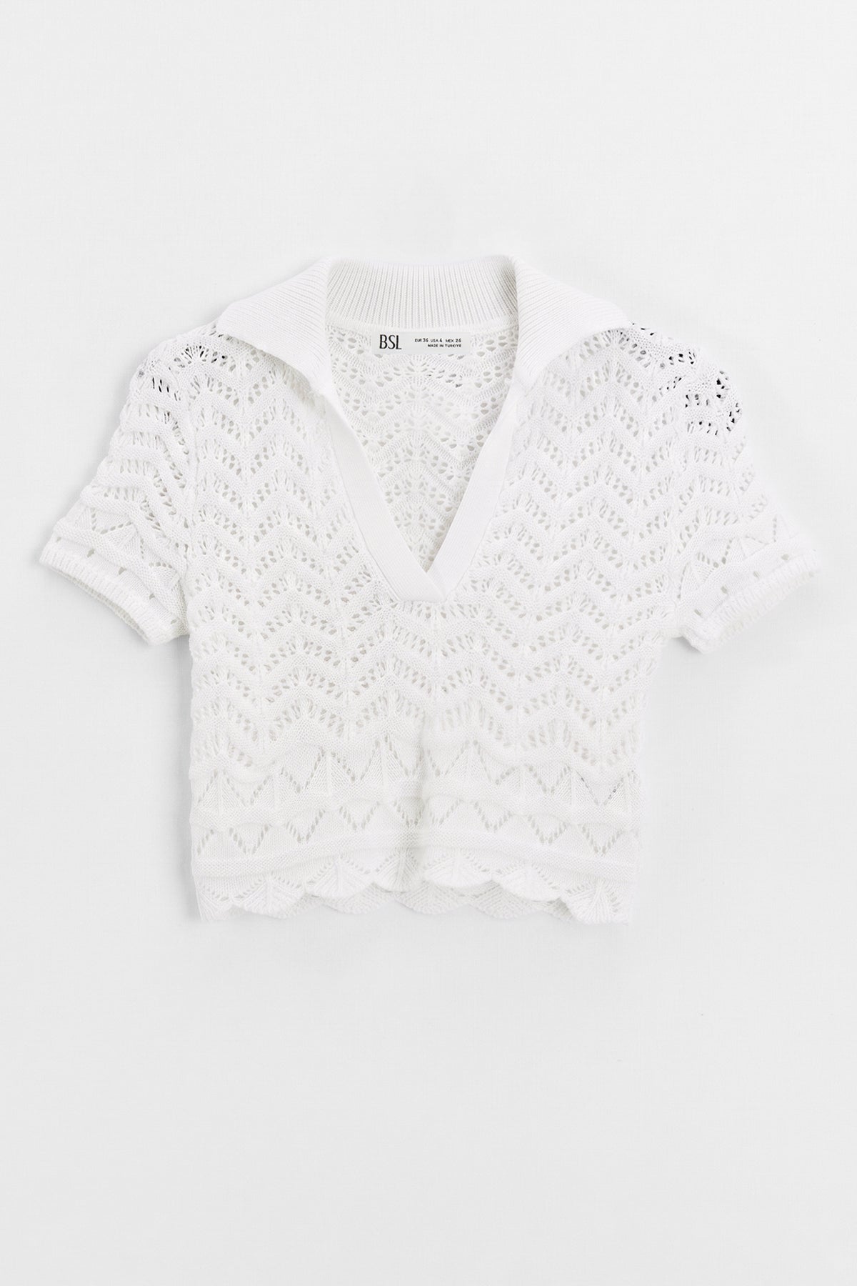 Openwork Knit Polo Collar Crop Blouse