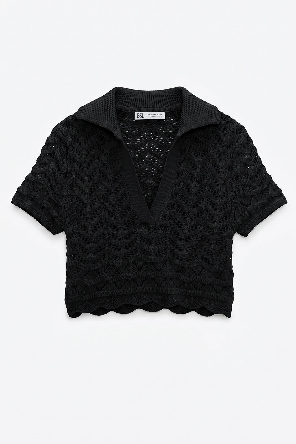 Openwork Knit Polo Collar Crop Blouse