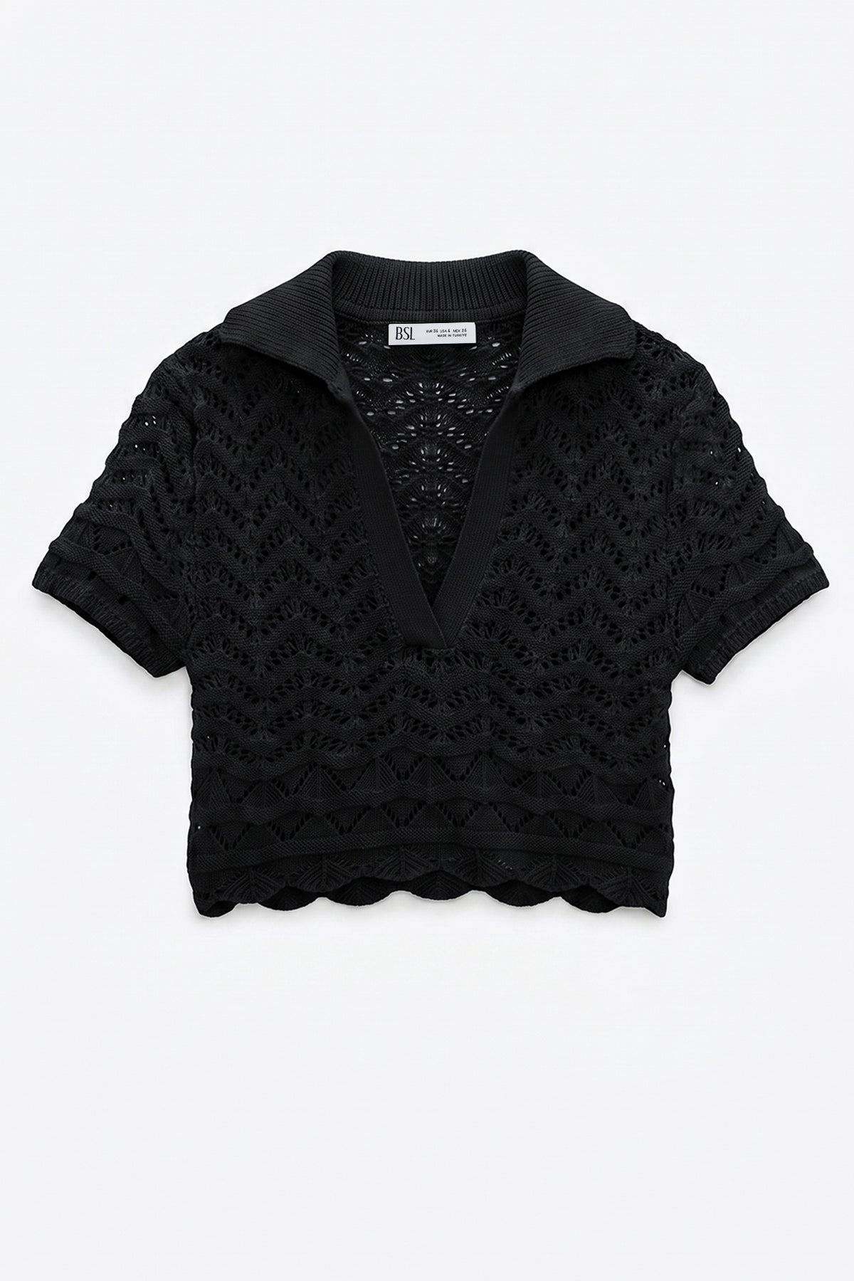 Openwork Knit Polo Collar Crop Blouse