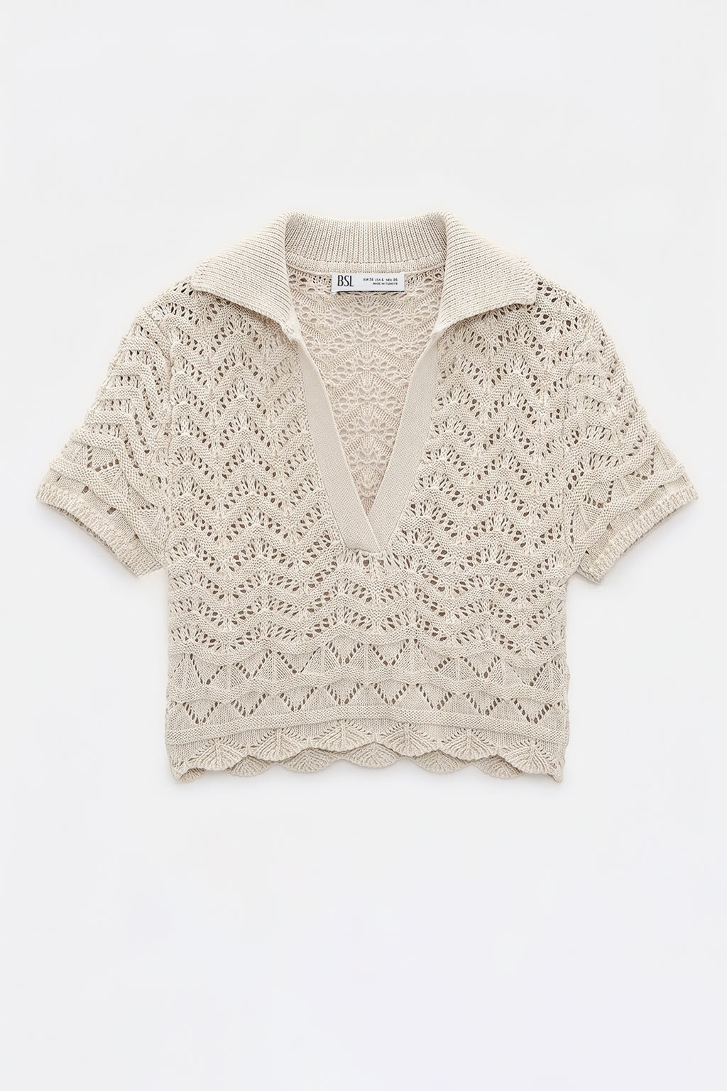 Openwork Knit Polo Collar Crop Blouse