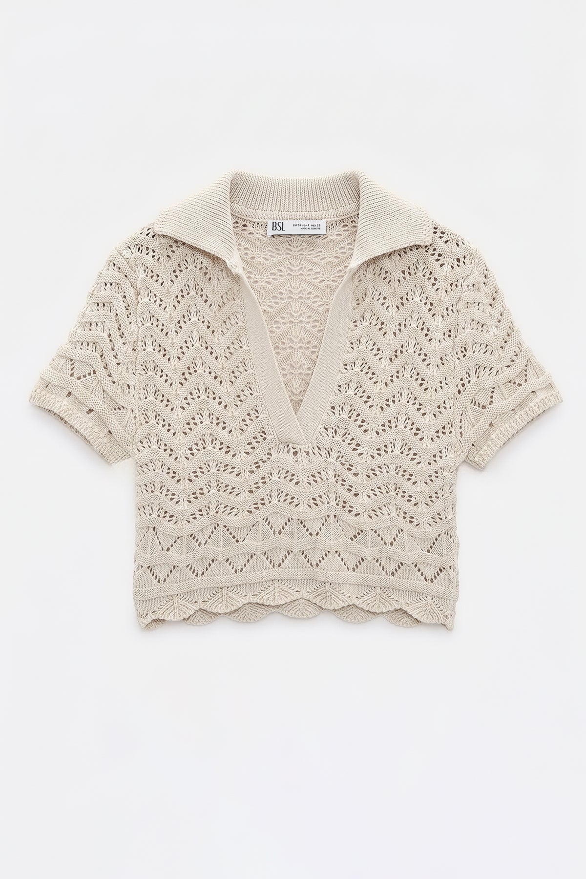 Openwork Knit Polo Collar Crop Blouse