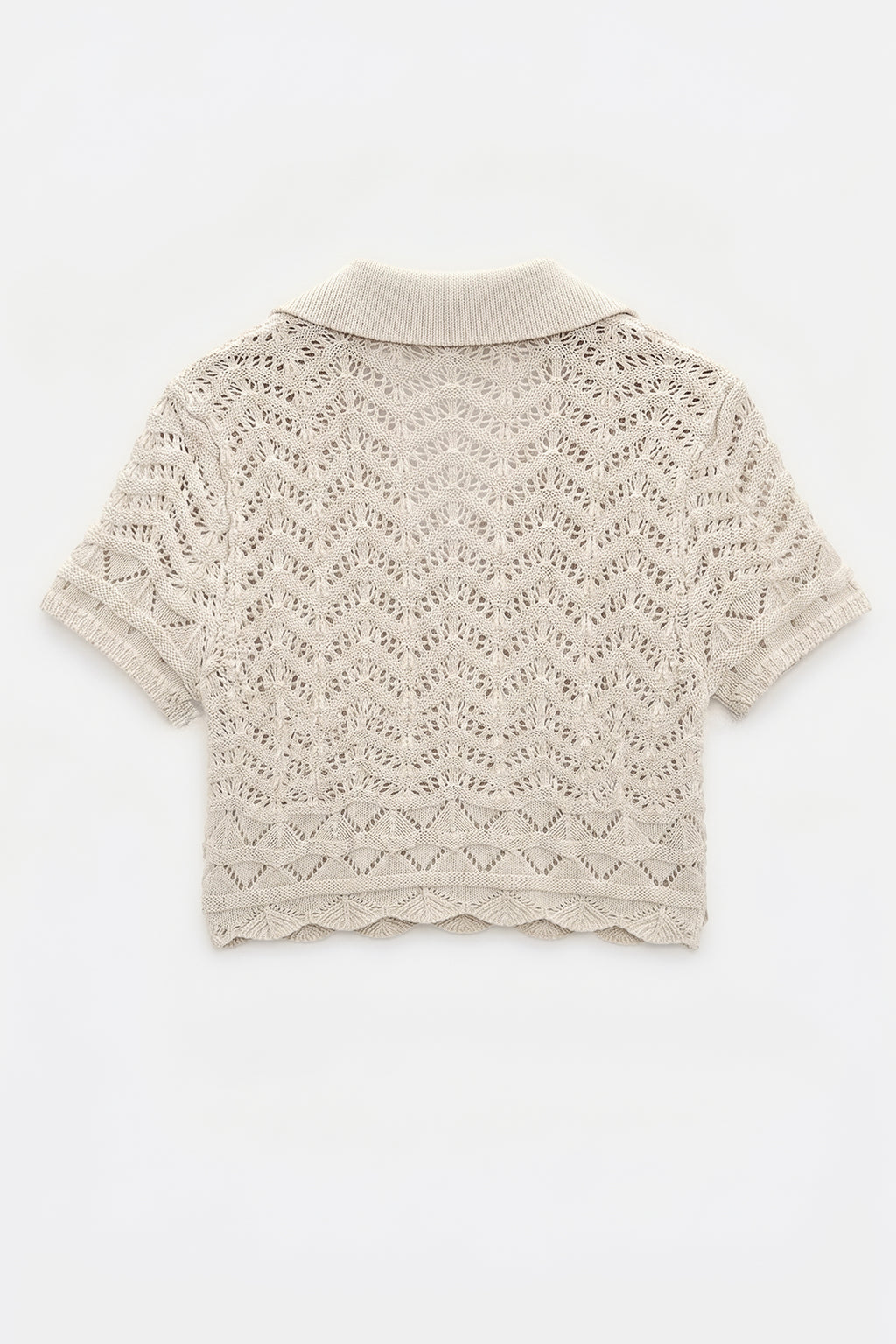 Openwork Knit Polo Collar Crop Blouse