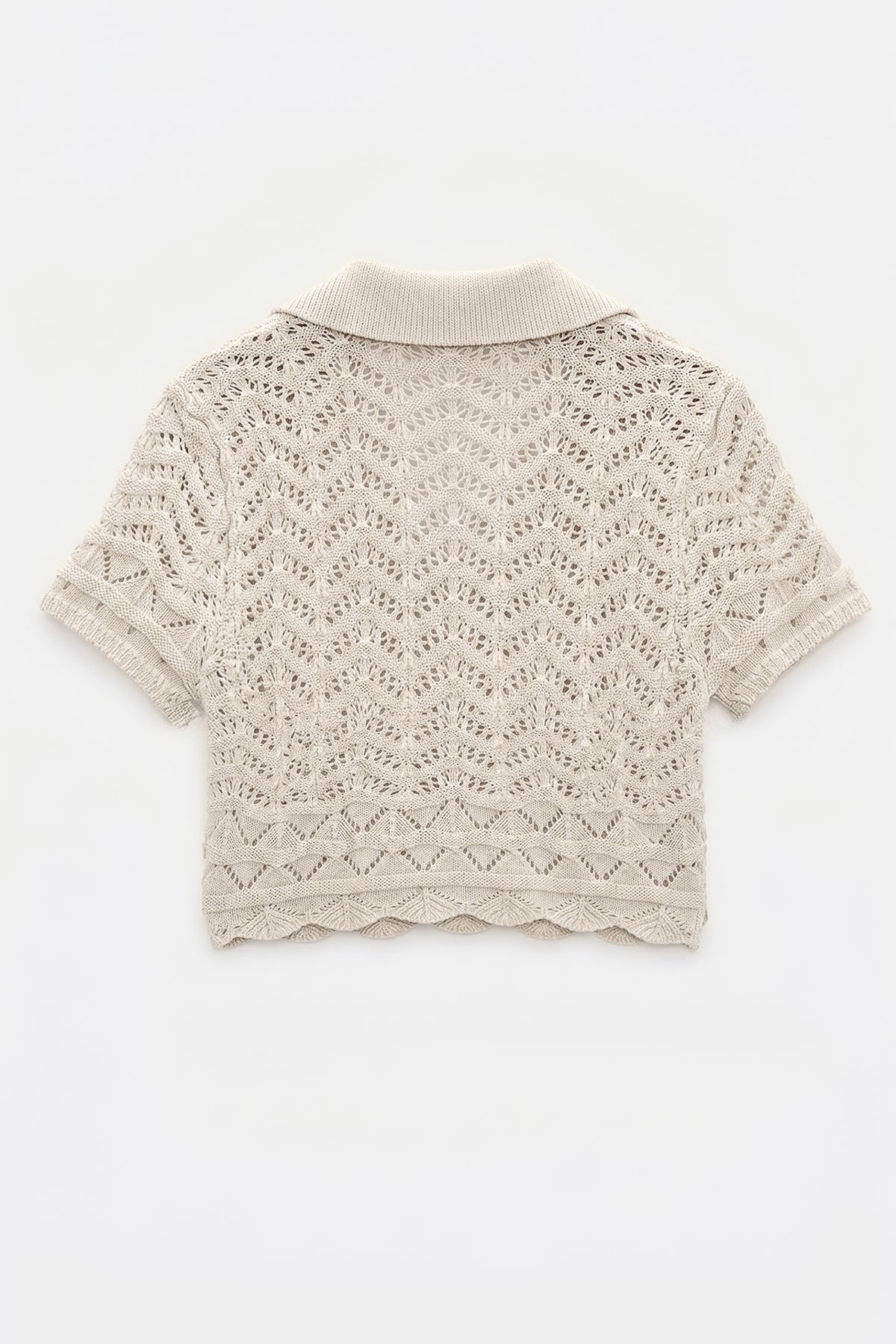 Openwork Knit Polo Collar Crop Blouse