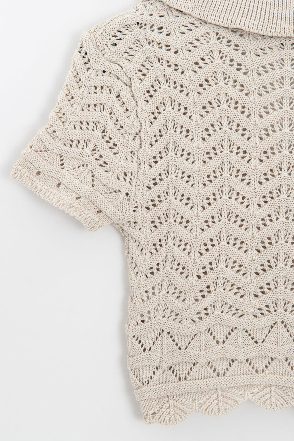 Openwork Knit Polo Collar Crop Blouse