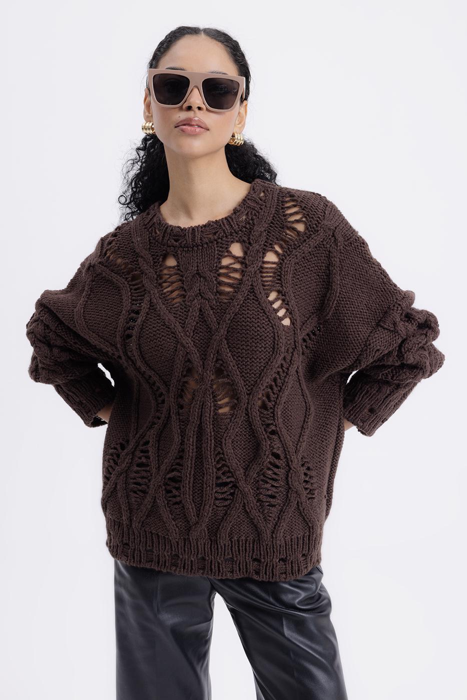 Openwork Patterned Sweater Brown
