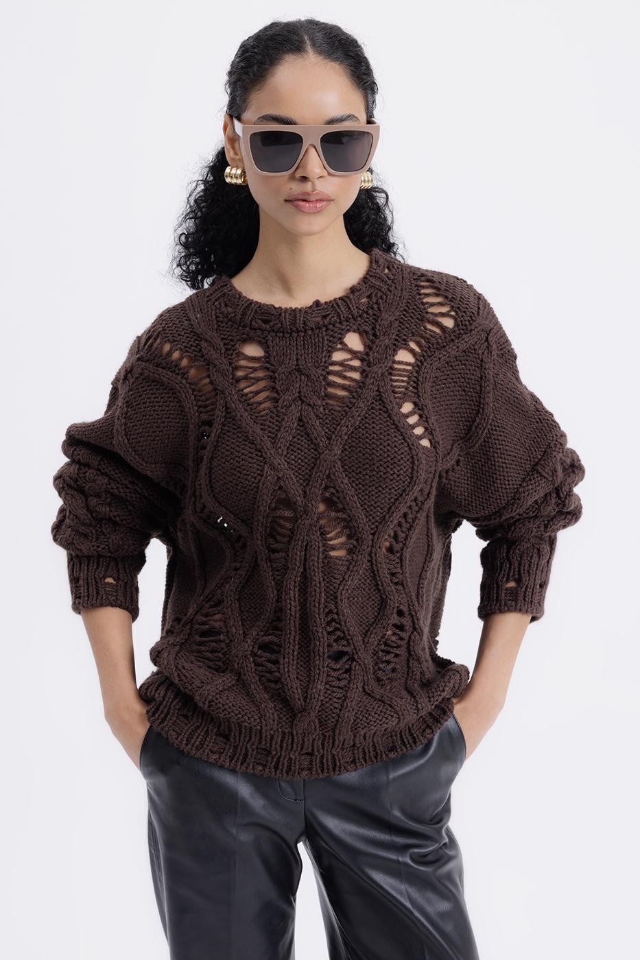 Openwork Patterned Sweater Brown