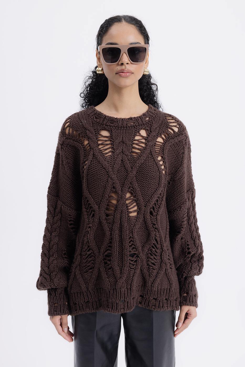 Openwork Patterned Sweater Brown