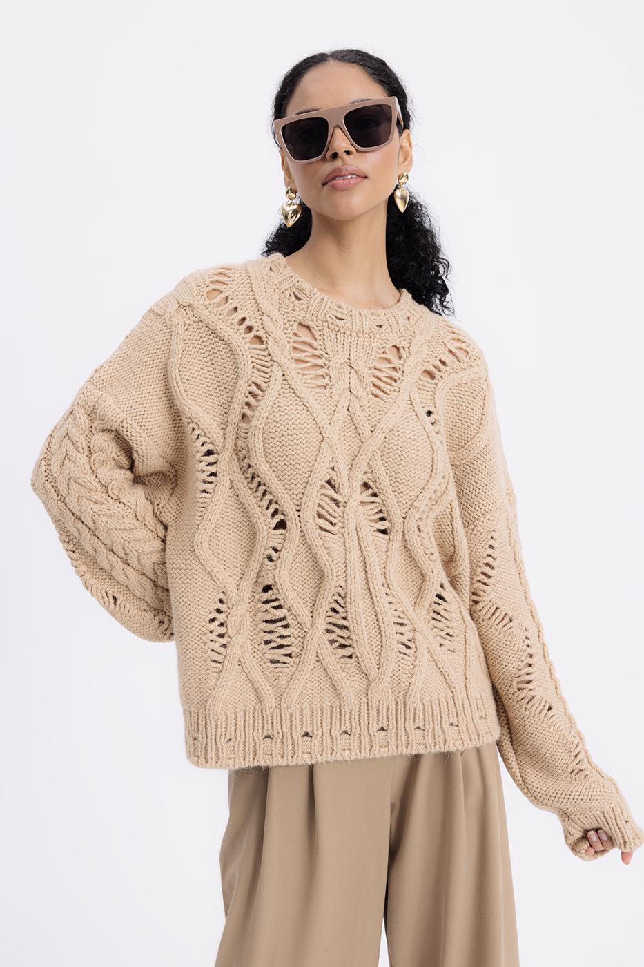 Openwork Patterned Sweater Mılk coffee