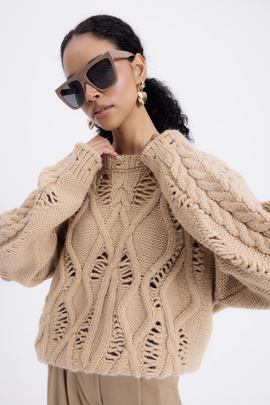 Openwork Patterned Sweater Mılk coffee