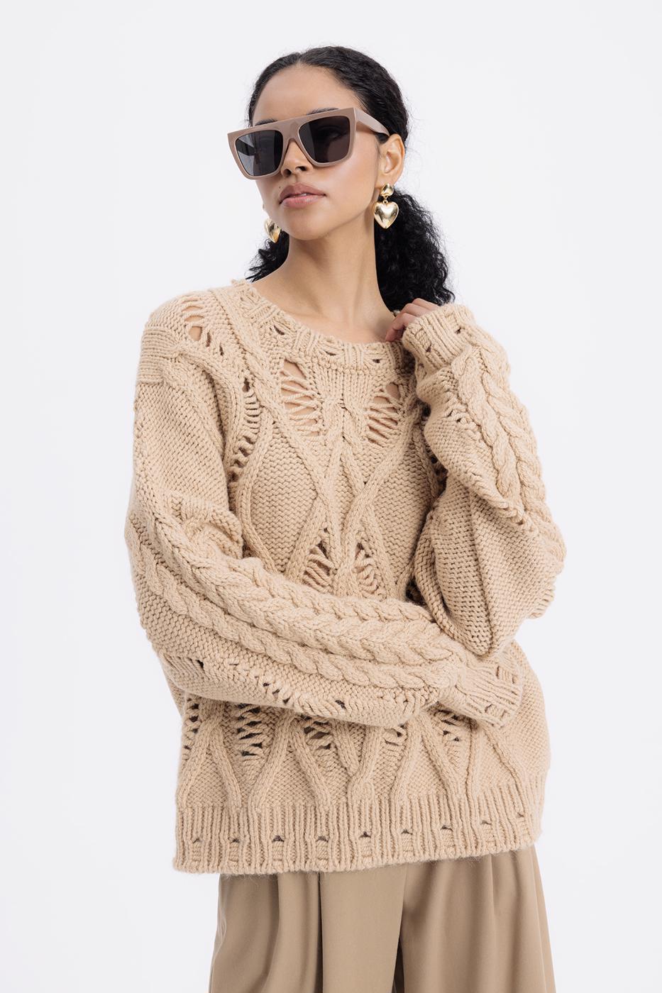 Openwork Patterned Sweater Mılk coffee