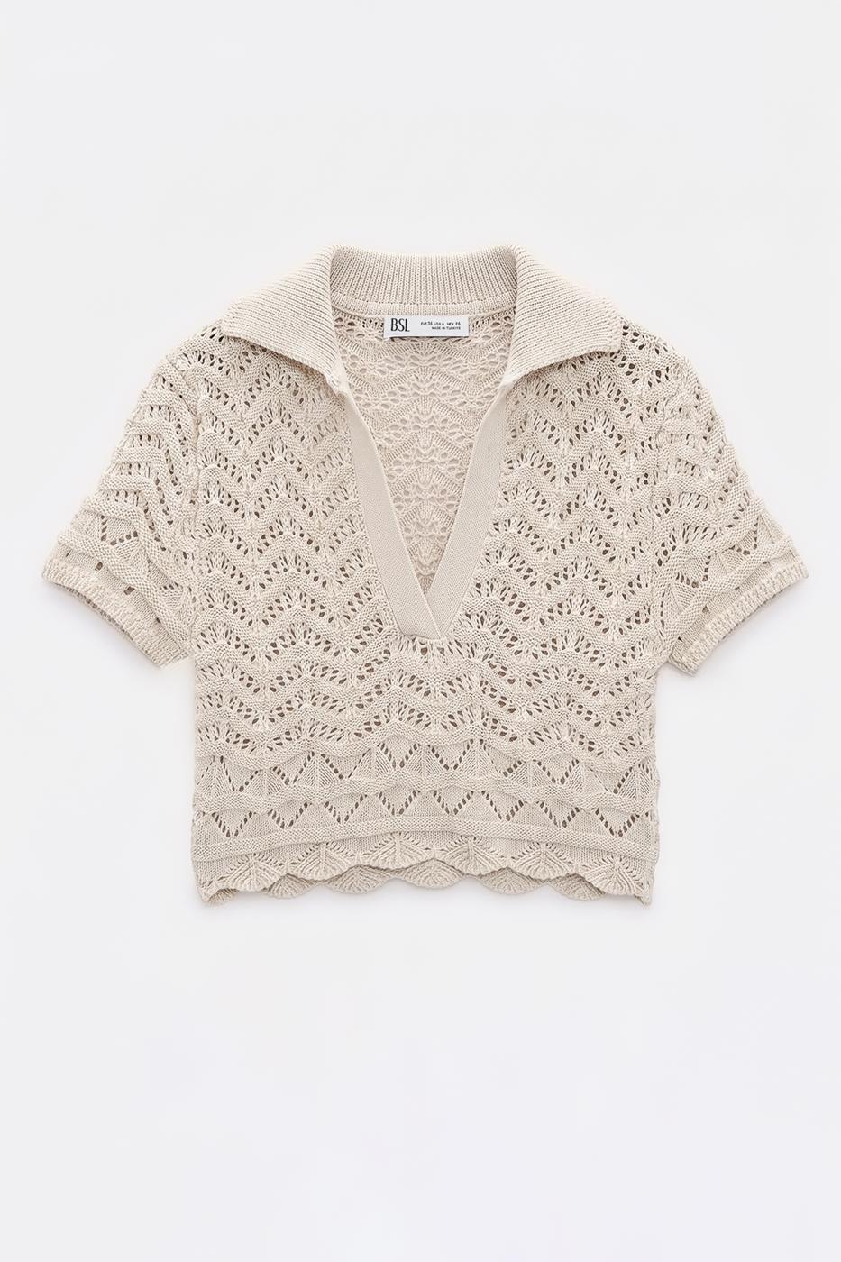 Openwork Knit Polo Collar Crop Blouse Beige