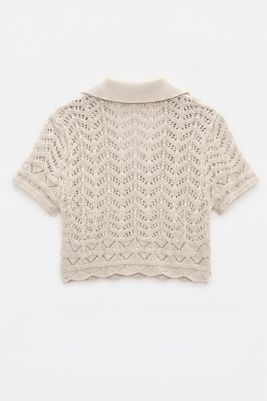 Openwork Knit Polo Collar Crop Blouse Beige