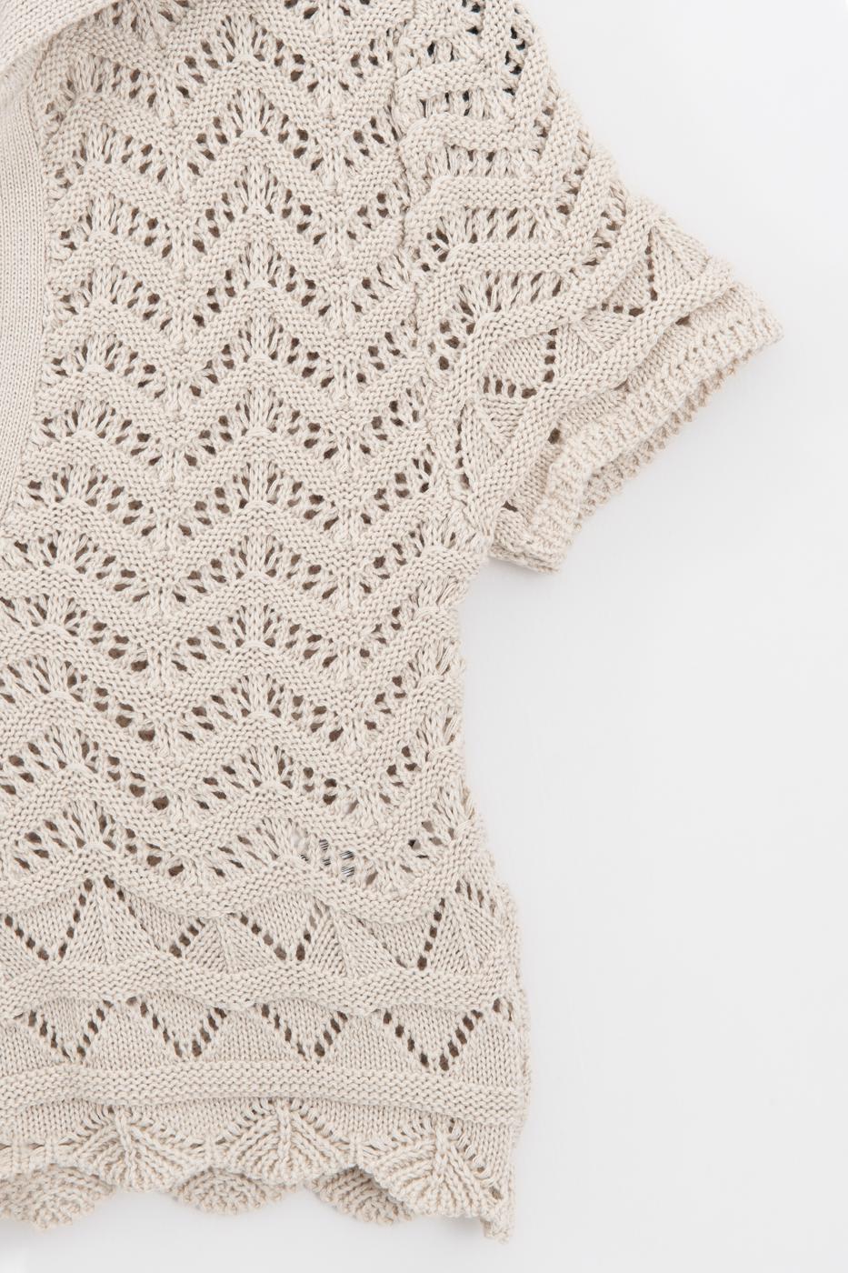 Openwork Knit Polo Collar Crop Blouse Beige