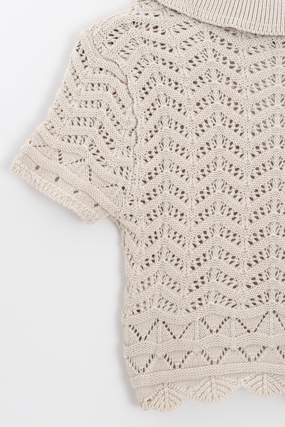 Openwork Knit Polo Collar Crop Blouse Beige
