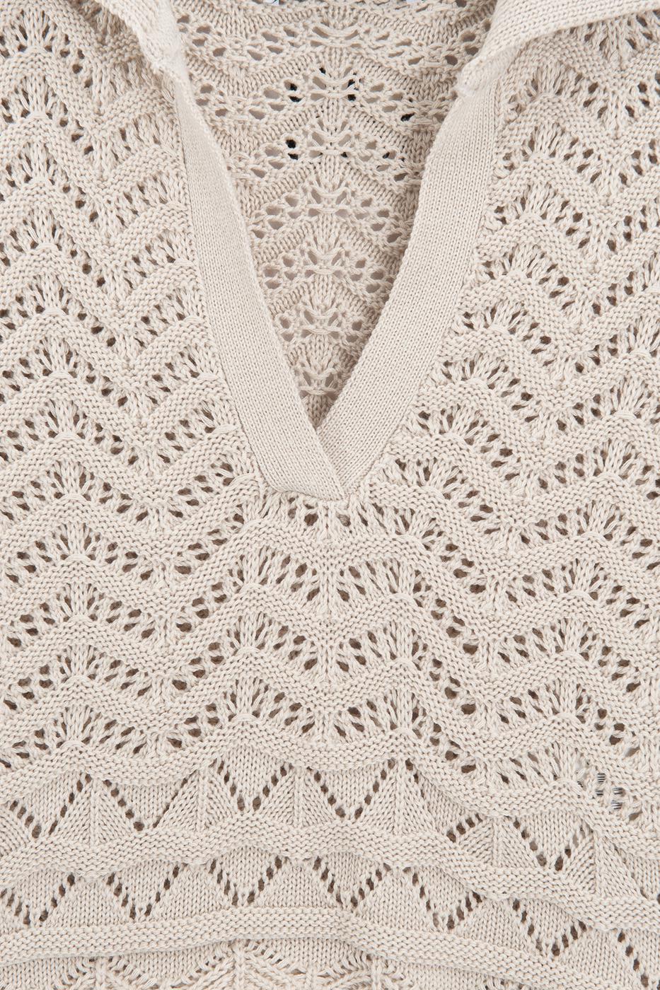 Openwork Knit Polo Collar Crop Blouse Beige