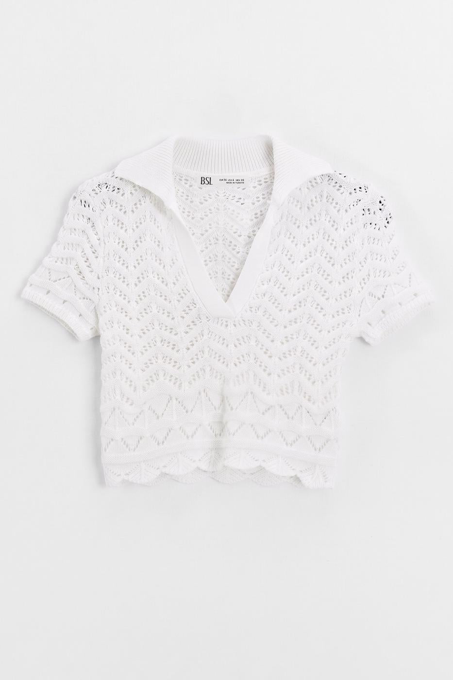 Openwork Knit Polo Collar Crop Blouse White