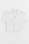 Openwork Knit Polo Collar Crop Blouse White