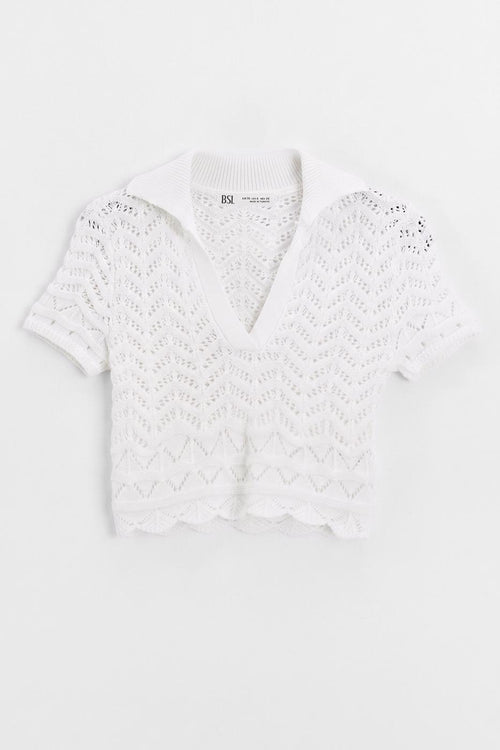 Openwork Knit Polo Collar Crop Blouse White