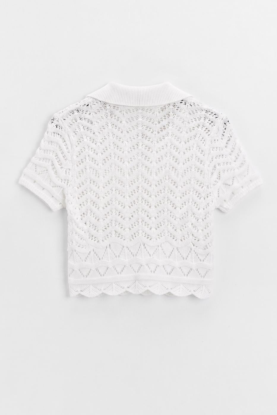 Openwork Knit Polo Collar Crop Blouse White