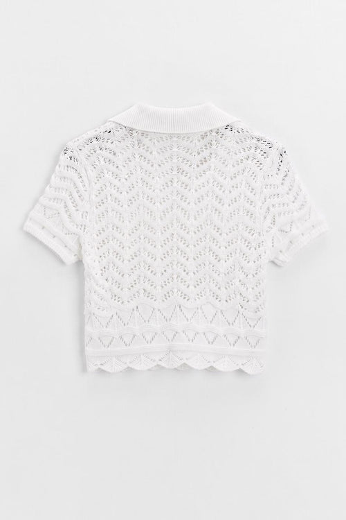Openwork Knit Polo Collar Crop Blouse White