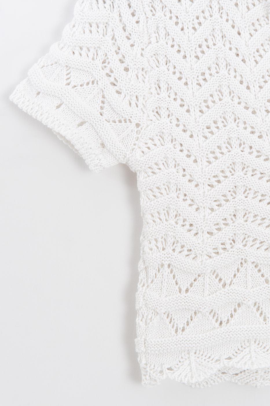Openwork Knit Polo Collar Crop Blouse White