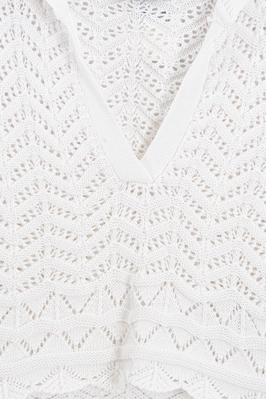 Openwork Knit Polo Collar Crop Blouse White