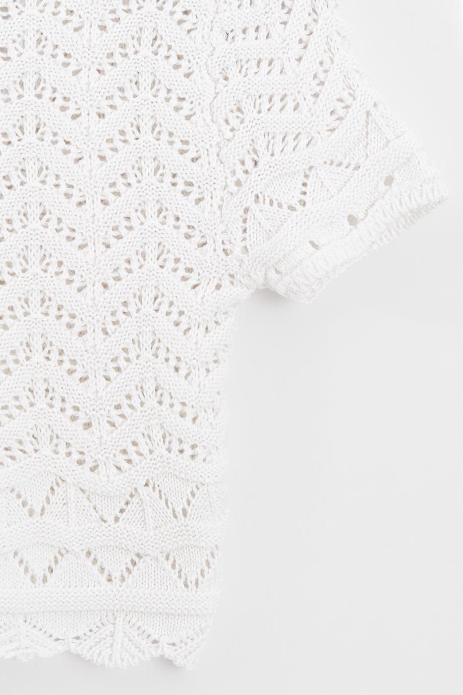 Openwork Knit Polo Collar Crop Blouse White