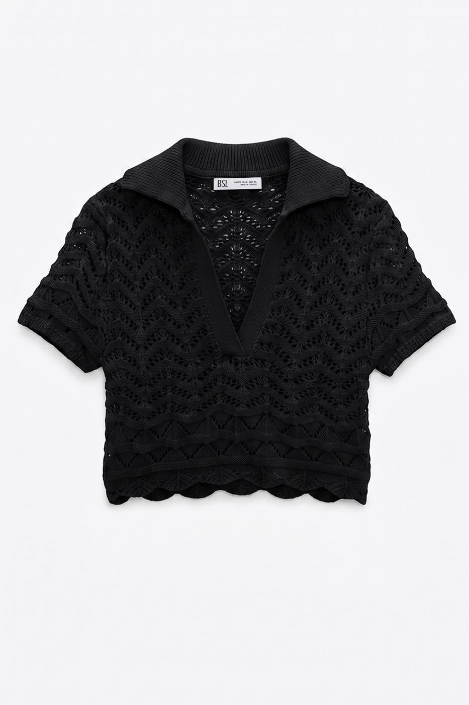 Openwork Knit Polo Collar Crop Blouse Black