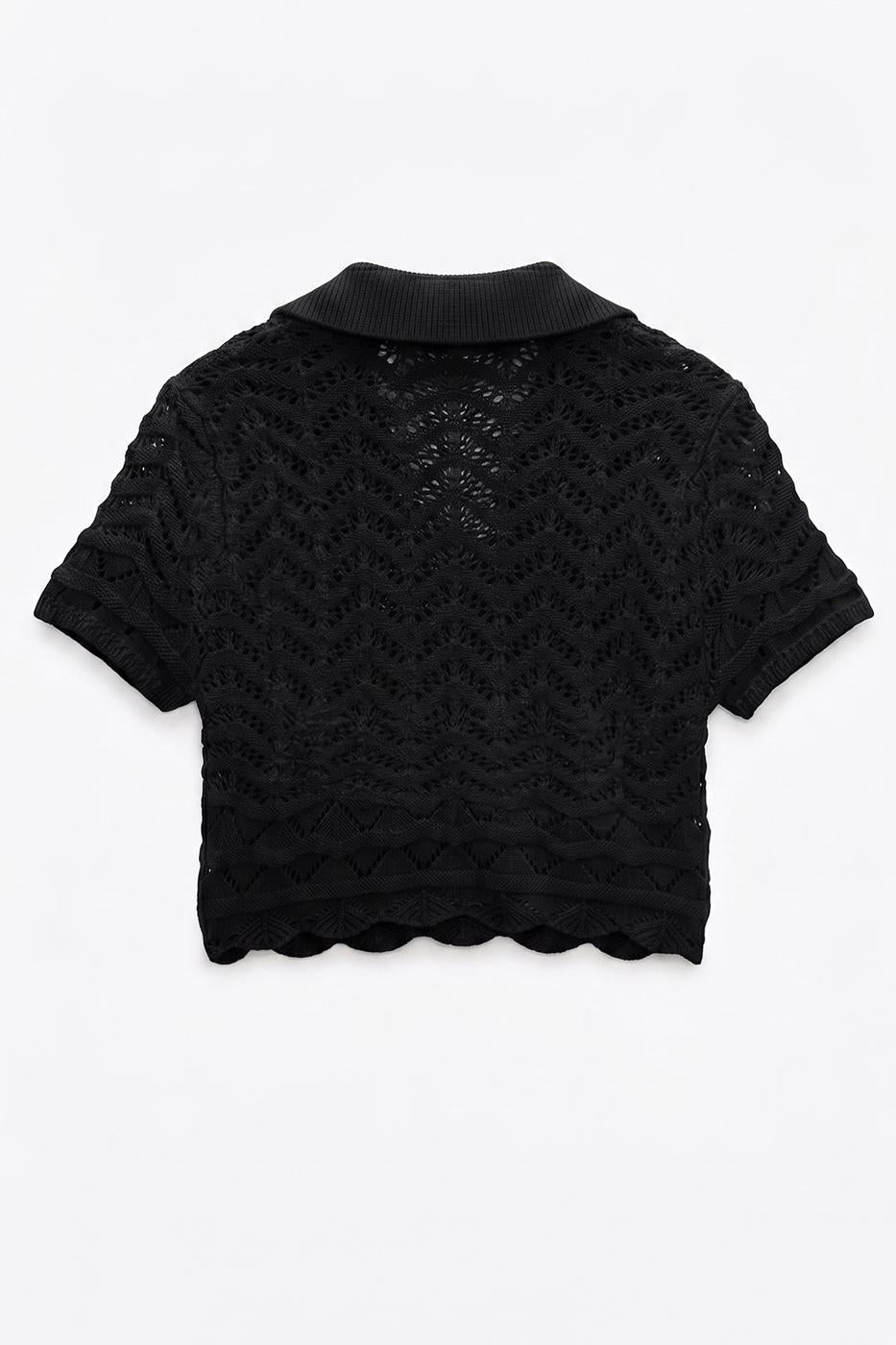 Openwork Knit Polo Collar Crop Blouse Black