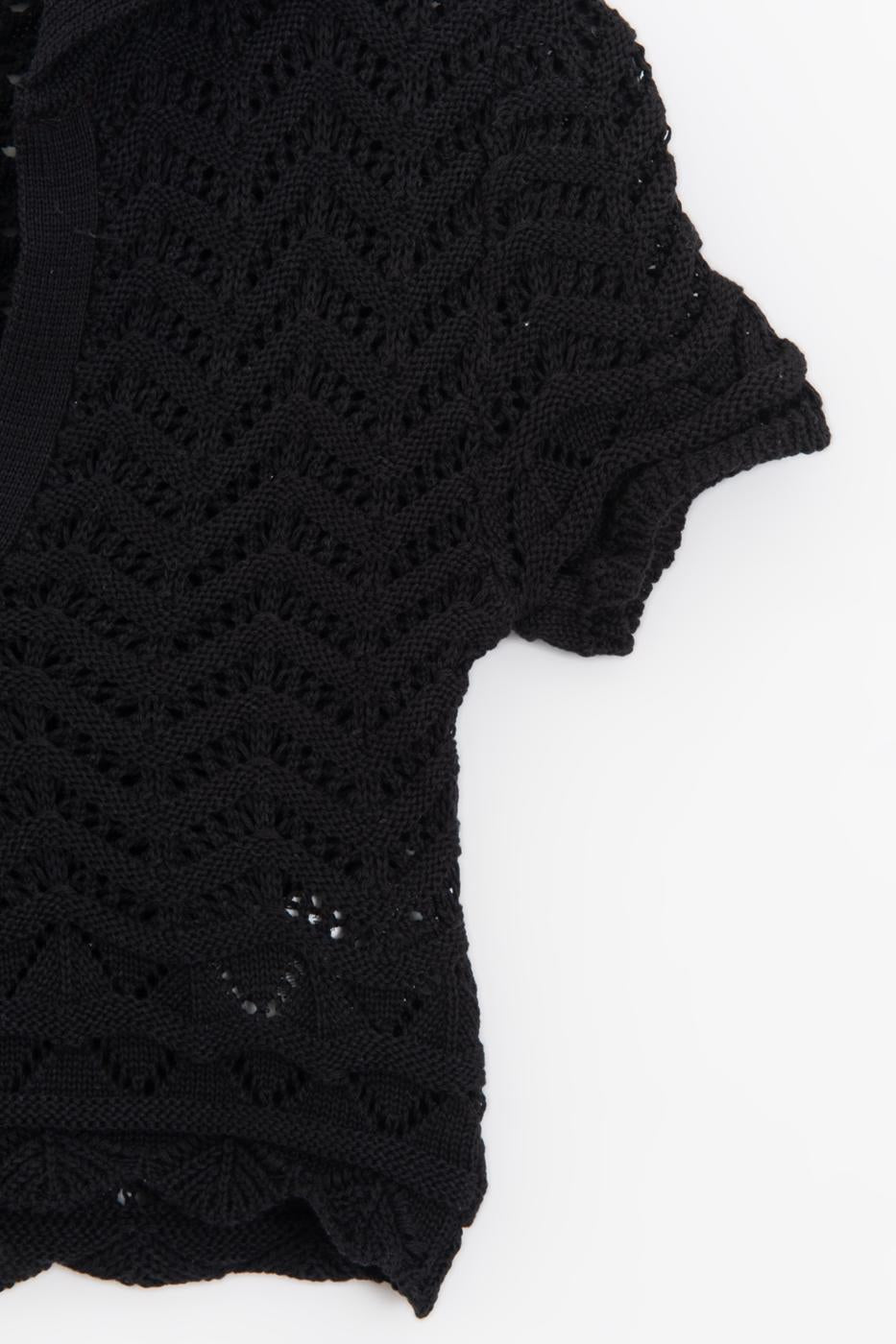 Openwork Knit Polo Collar Crop Blouse Black
